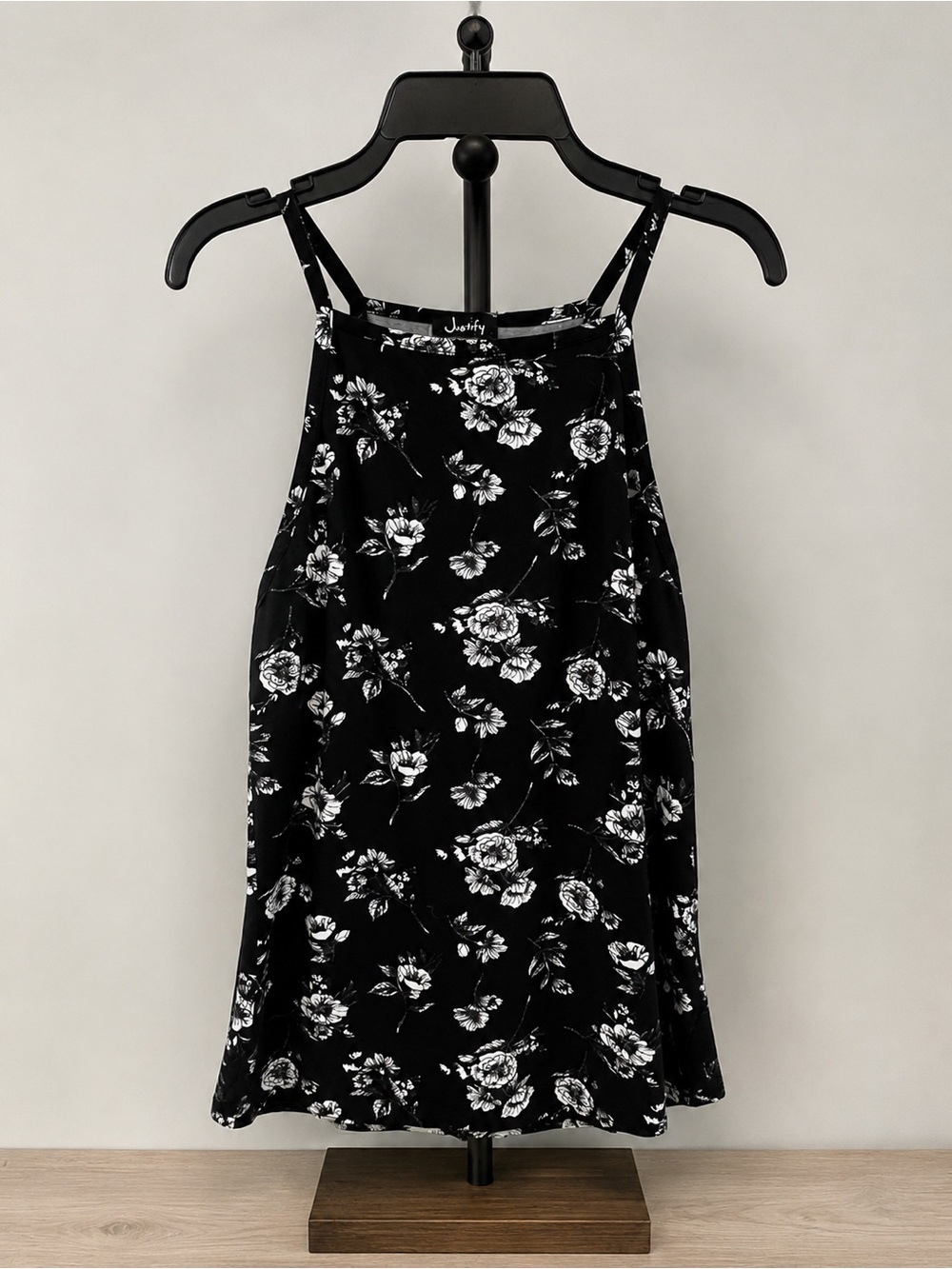Justify Black Floral Tank Top with White Rose Print